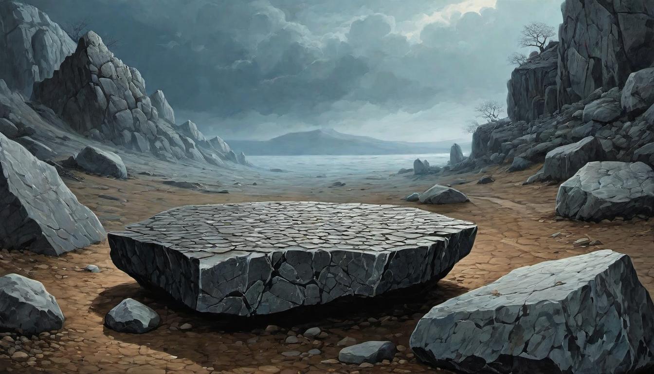  （surrealism)A pair of scales, one side heavily laden with boulders, the other side empty, cracked ground under the weight, sense of imbalance, oppression, crushing weight mystic, intricate details, best quality)