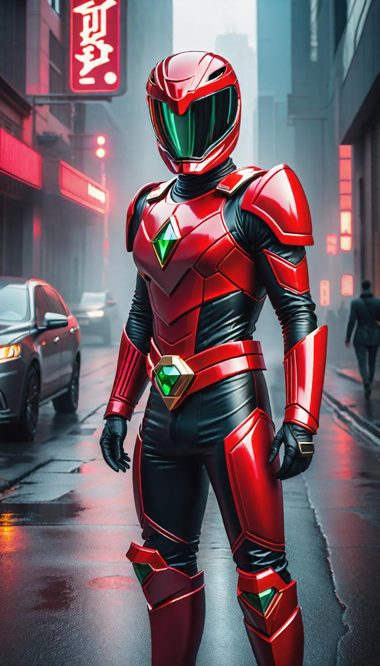  Cyberpunk style depiction of Donnie Wahlberg as a red Power Ranger with a red gem on his belt. The scene is set in a world where technology has advanced, but society and human conditions have not, creating a gritty, dystopian atmosphere. hyperrealistic, full body, detailed clothing, highly detailed, cinematic lighting, stunningly beautiful, intricate, sharp focus, f/1. 8, 85mm, (centered image composition), (professionally color graded), ((bright soft diffused light)), volumetric fog, trending on instagram, trending on tumblr, HDR 4K, 8K