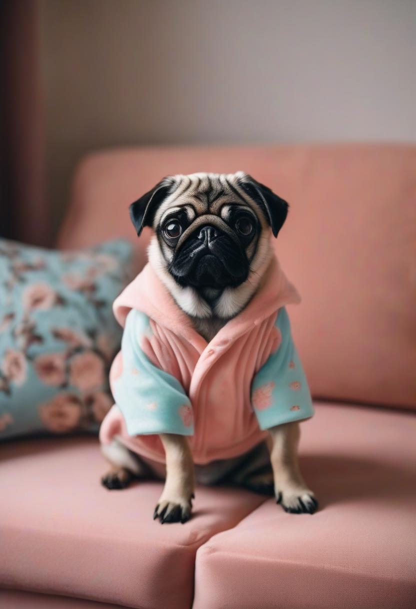  cinematic photo A candid photo of a fluffy cute puppy pug, dressed in onesie, pastel print pattern, on a sofa, colorful room in background, pastel colors . 35mm photograph, film, bokeh, professional, 4k, highly detailed hyperrealistic, full body, detailed clothing, highly detailed, cinematic lighting, stunningly beautiful, intricate, sharp focus, f/1. 8, 85mm, (centered image composition), (professionally color graded), ((bright soft diffused light)), volumetric fog, trending on instagram, trending on tumblr, HDR 4K, 8K