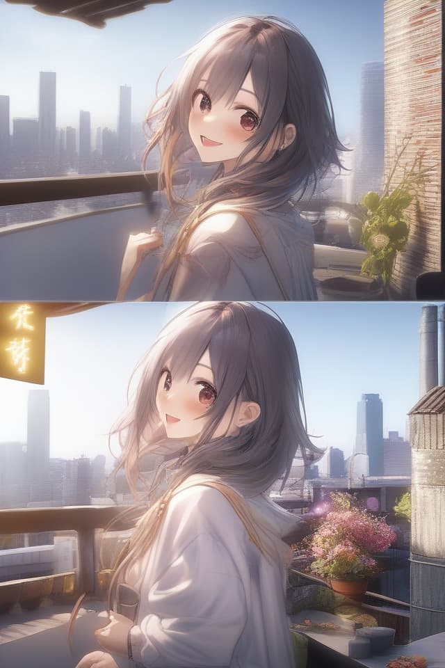  ((High quality, high quality, super resolution, good anatomy)) Masterpeace, Best of the Best, a beautifully ided that matches a small, cute female picture that matches a beautifully ided rooftop rooftop. set