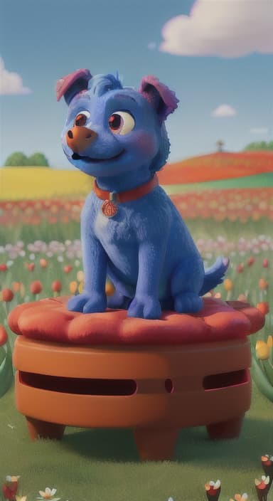  {The red ball nestled in a bed of colorful flowers like daisies and tulips, The big blue dog is large with sky blue fur, big round eyes, a black nose, and floppy ears.