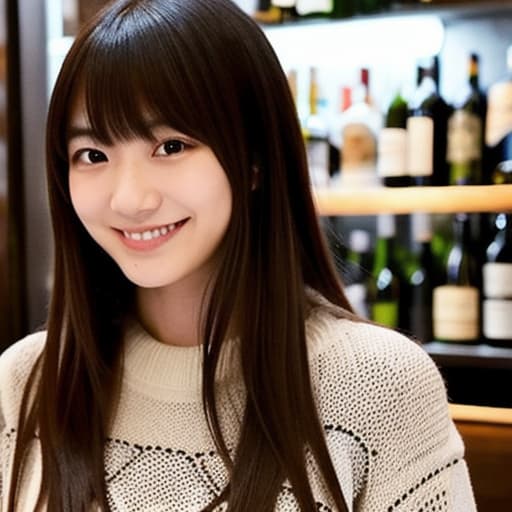  a realistic photo of a young Japanese woman, aged 25, with long dark brown hair with bangs and black eyes, 160cm tall, smiling, wearing white knitwear, at a dark and atmospheric luxurious French restaurant, dinner dishes, wine glass