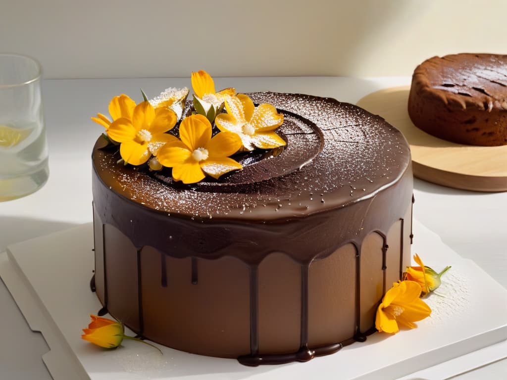  A closeup, photorealistic image of golden, smooth Mantequilla Ghee being drizzled over a freshly baked, decadent chocolate cake. The ghee cascades down the sides of the cake in a mesmerizing swirl, glistening under warm lighting to highlight its rich texture and luxurious appearance. The cake is adorned with delicate edible flowers and dusted with a sprinkle of powdered sugar, creating a visually stunning and appetizing scene that evokes a sense of indulgence and sophistication. hyperrealistic, full body, detailed clothing, highly detailed, cinematic lighting, stunningly beautiful, intricate, sharp focus, f/1. 8, 85mm, (centered image composition), (professionally color graded), ((bright soft diffused light)), volumetric fog, trending on instagram, trending on tumblr, HDR 4K, 8K