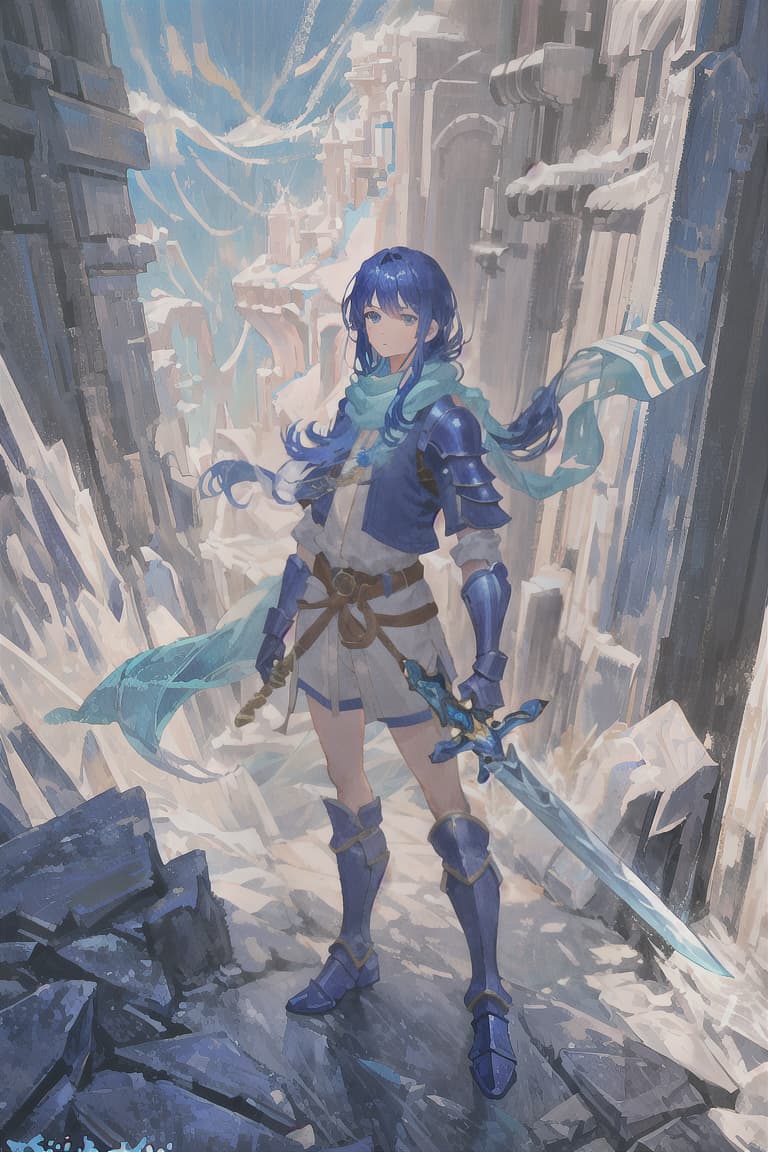  master piece , best quality,Blue hair, long straight hair, male, traveler, blue armor, light blue scarf, magic sword, holy sword