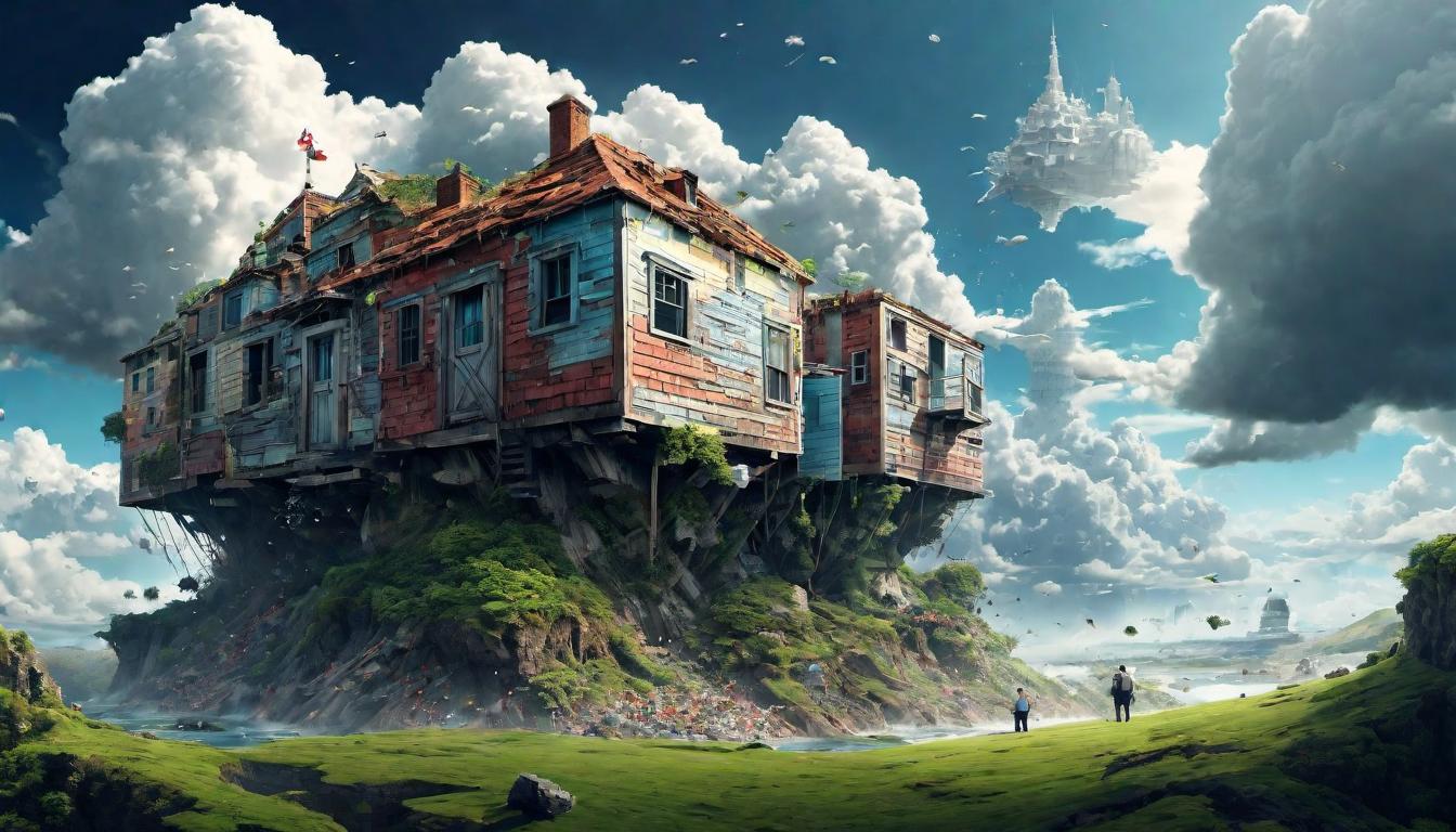  digital illustration A fragmented world, pieces drifting apart, amidst digital clouds and virtual landscapes, depicting the erosion of social structures, disintegrating, surreal. looking at viewer, dynamic pose, (intricate details, masterpiece, best quality)