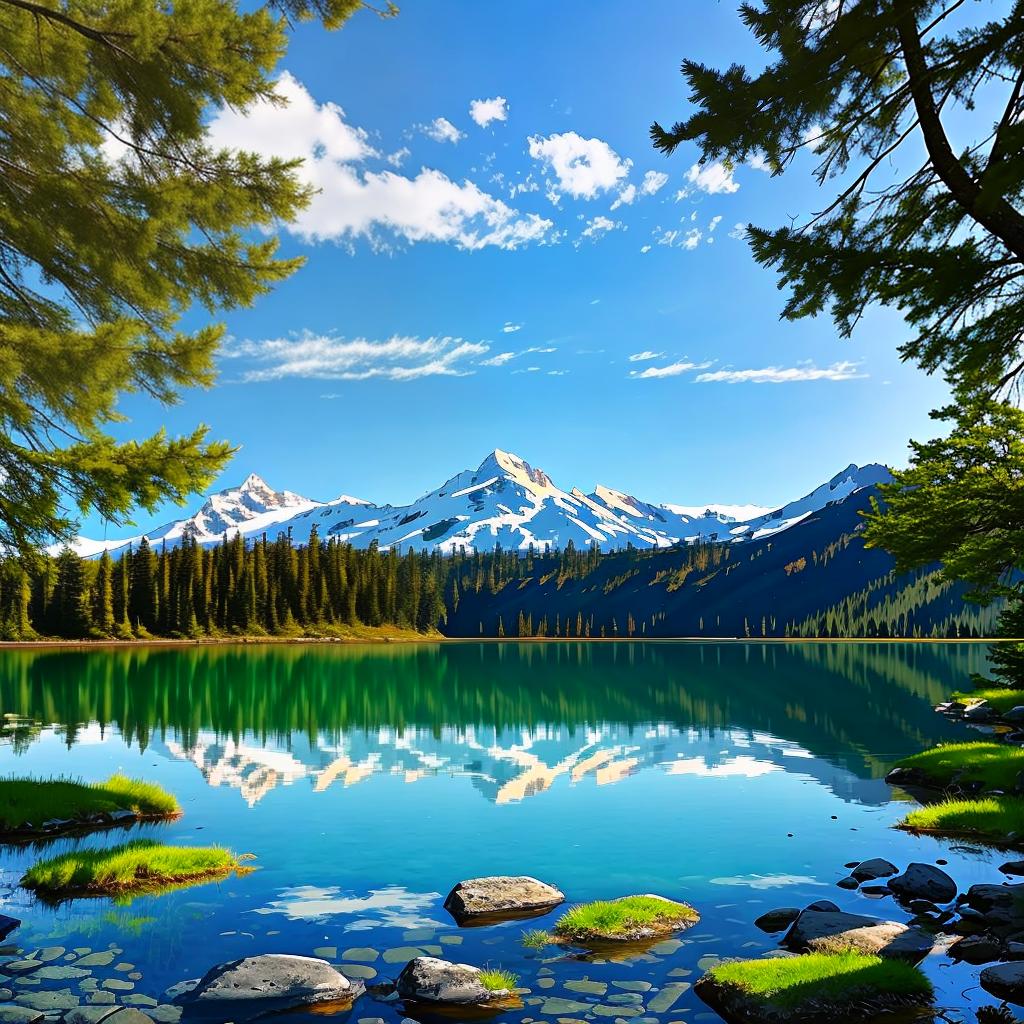  as a painting, Convey the serene majesty of towering mountains reflected in the crystal clear waters of a tranquil alpine lake, using your unique artistic vision to evoke a sense of awe and tranquility.