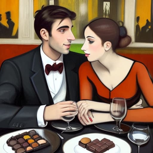  Attractive Beautiful young modern Parisian couple dressed in modern designer attire looking at each other. Foreground is plates of fine dark chocolates. Background is an exclusive Parisian restaurant . Painting style of Edgar Degas