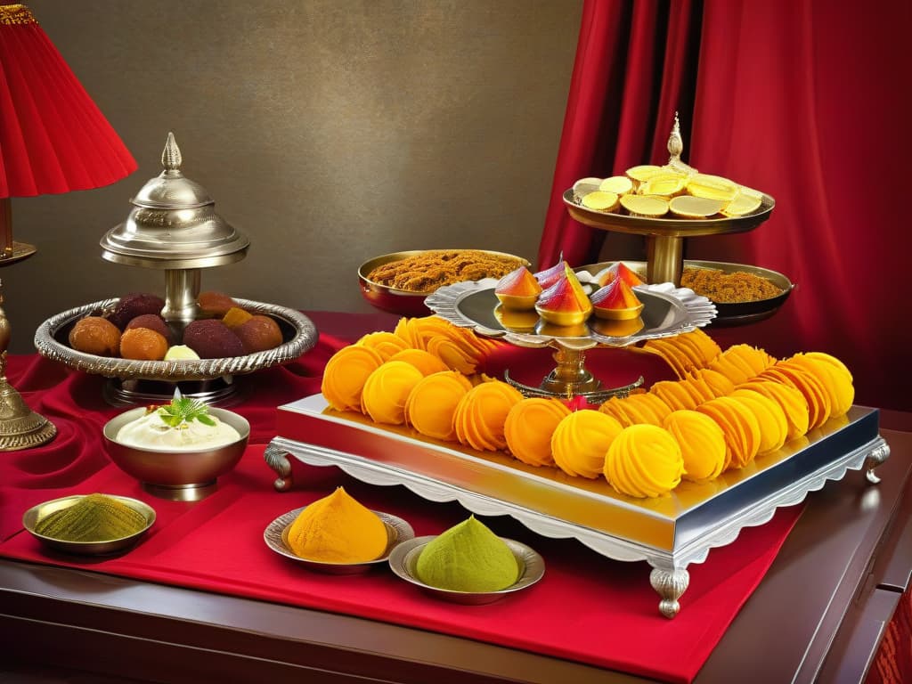  An intricately designed Indian dessert table featuring a vibrant array of colorful and exotic sweets like gulab jamun, jalebi, and barfi. Each dessert is carefully placed on ornate silver platters adorned with delicate gold accents, set against a backdrop of rich, jeweltoned fabrics and golden candlelight. The presentation is elegant and luxurious, highlighting the intricate flavors and textures of these traditional Indian delicacies. hyperrealistic, full body, detailed clothing, highly detailed, cinematic lighting, stunningly beautiful, intricate, sharp focus, f/1. 8, 85mm, (centered image composition), (professionally color graded), ((bright soft diffused light)), volumetric fog, trending on instagram, trending on tumblr, HDR 4K, 8K