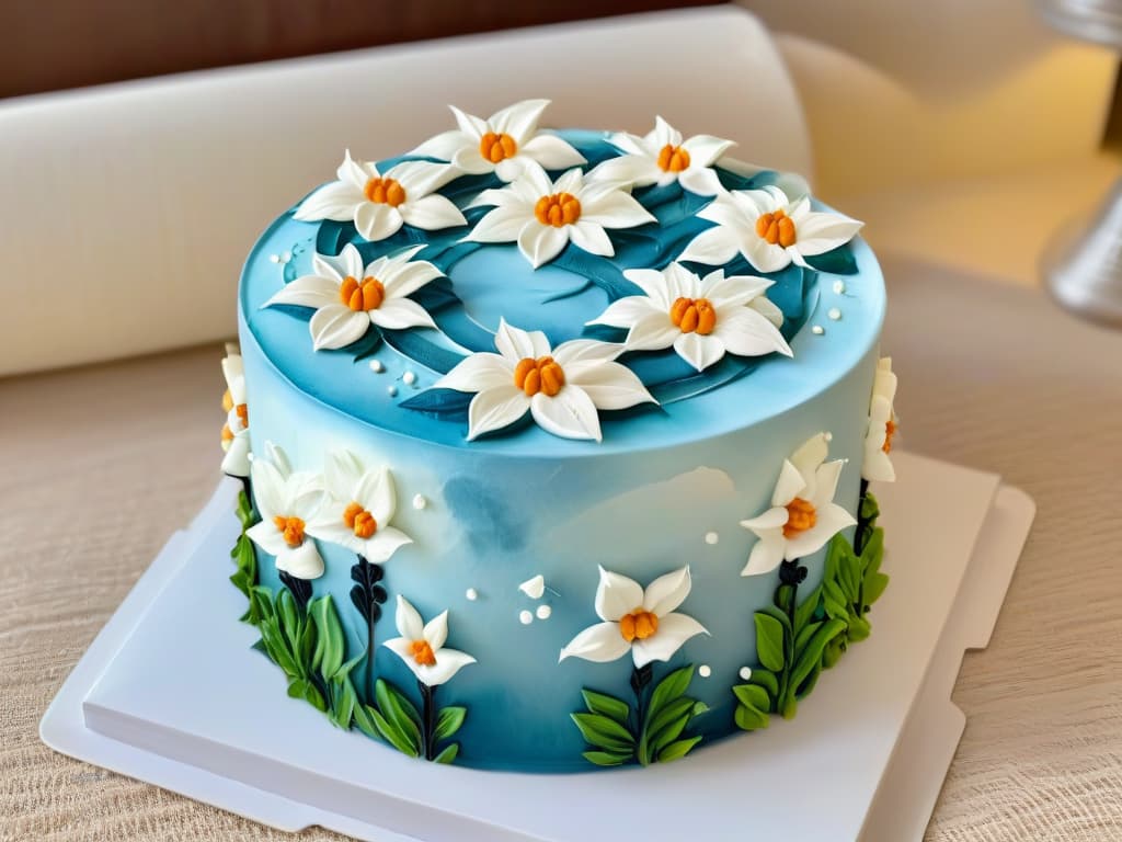  An intricate, ultracloseup image of a delicate, handpainted floral design on a perfectly frosted cake, showcasing the intricate details and vibrant colors of the edible paint. The image captures the precise brush strokes and intricate patterns, highlighting the professionalism and creativity involved in using edible paint for decorative purposes. hyperrealistic, full body, detailed clothing, highly detailed, cinematic lighting, stunningly beautiful, intricate, sharp focus, f/1. 8, 85mm, (centered image composition), (professionally color graded), ((bright soft diffused light)), volumetric fog, trending on instagram, trending on tumblr, HDR 4K, 8K