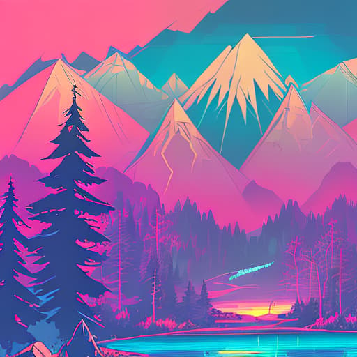 nvinkpunk Whimsical mountains with trees, water, and camping