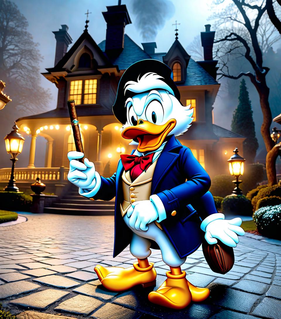  Scrooge McDuck in front of mansion. with cigar hyperrealistic, full body, detailed clothing, highly detailed, cinematic lighting, stunningly beautiful, intricate, sharp focus, f/1. 8, 85mm, (centered image composition), (professionally color graded), ((bright soft diffused light)), volumetric fog, trending on instagram, trending on tumblr, HDR 4K, 8K