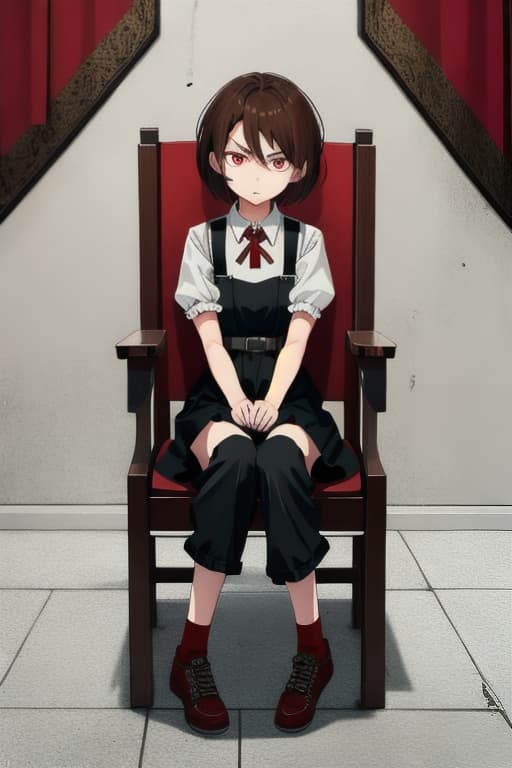  Beautiful girl, brown hair, short hair, red eyes, angry, restrained, restrained, mini, sitting, restrained chair