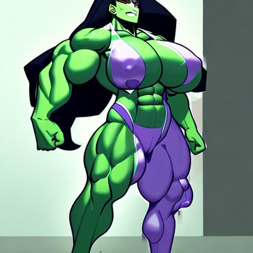  ultra realistic full body head to toe photo of giant buff huge muscled female bodybuilder shehulk with long wavy black hair green skin and huge massive muscles 100% muscle tone naked in action poses