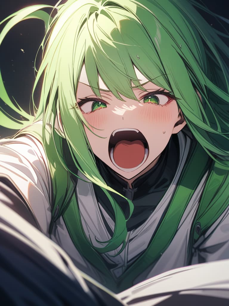  Green hair character that closed both eyes, open your mouth wide and screams, shouting, masterpiece, best quality,8k,ultra detailed,high resolution,an extremely delicate and beautiful,hyper detail