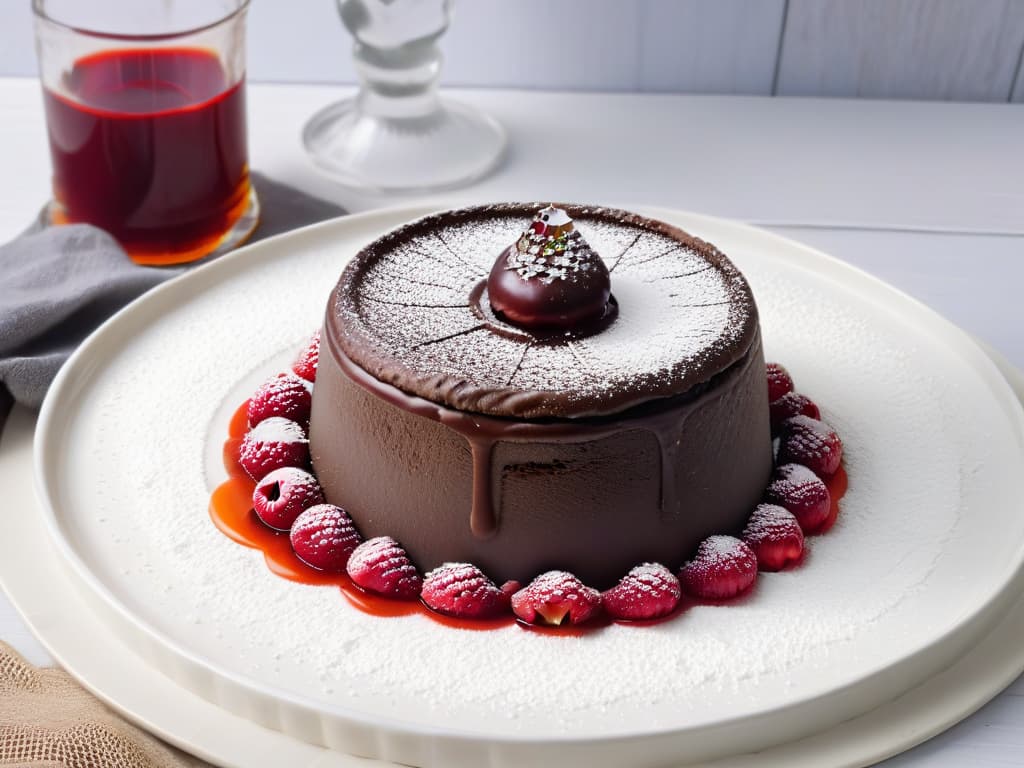  A closeup, ultradetailed image of a decadent sugarfree chocolate lava cake topped with a glossy raspberry coulis, served on a pristine white plate with a dusting of powdered erythritol, showcasing the rich texture and vibrant colors of the dessert. hyperrealistic, full body, detailed clothing, highly detailed, cinematic lighting, stunningly beautiful, intricate, sharp focus, f/1. 8, 85mm, (centered image composition), (professionally color graded), ((bright soft diffused light)), volumetric fog, trending on instagram, trending on tumblr, HDR 4K, 8K