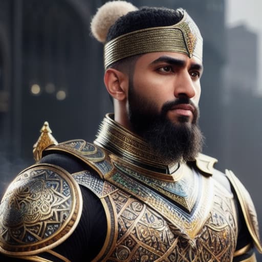  a muslim warrior hyperrealistic, full body, detailed clothing, highly detailed, cinematic lighting, stunningly beautiful, intricate, sharp focus, f/1. 8, 85mm, (centered image composition), (professionally color graded), ((bright soft diffused light)), volumetric fog, trending on instagram, trending on tumblr, HDR 4K, 8K