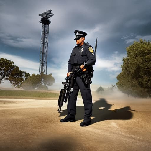  police sim hyperrealistic, full body, detailed clothing, highly detailed, cinematic lighting, stunningly beautiful, intricate, sharp focus, f/1. 8, 85mm, (centered image composition), (professionally color graded), ((bright soft diffused light)), volumetric fog, trending on instagram, trending on tumblr, HDR 4K, 8K