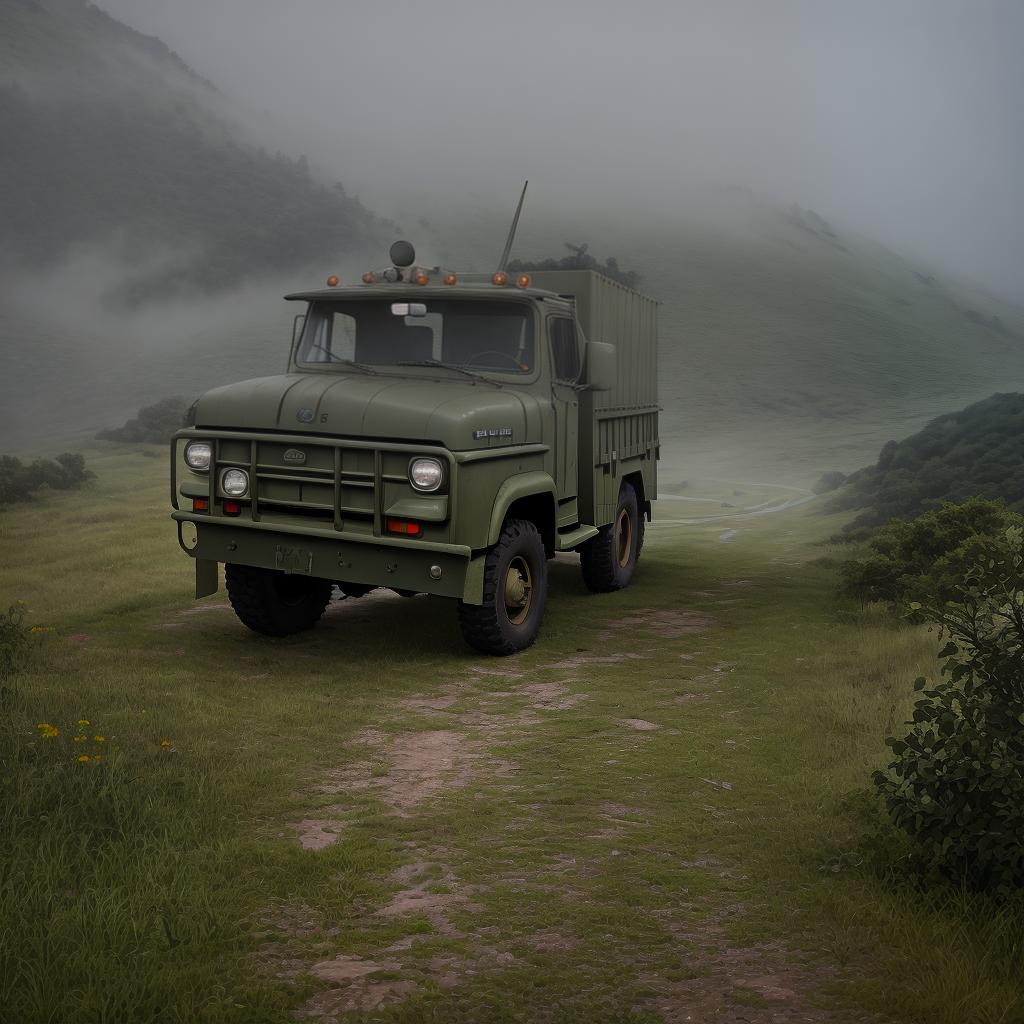  Masterpiece, best quality, masterpiece, 8k resolution, realistic, highly detailed. In a thick fog, visibility is very low, army green pickup parked on a concrete slope mountain road, lens angle from the cab looking forward, fog shrouded.