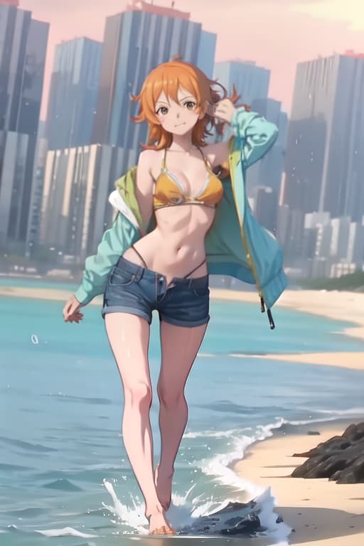  Nami from one piece tweaking in the rain on a beach, full body