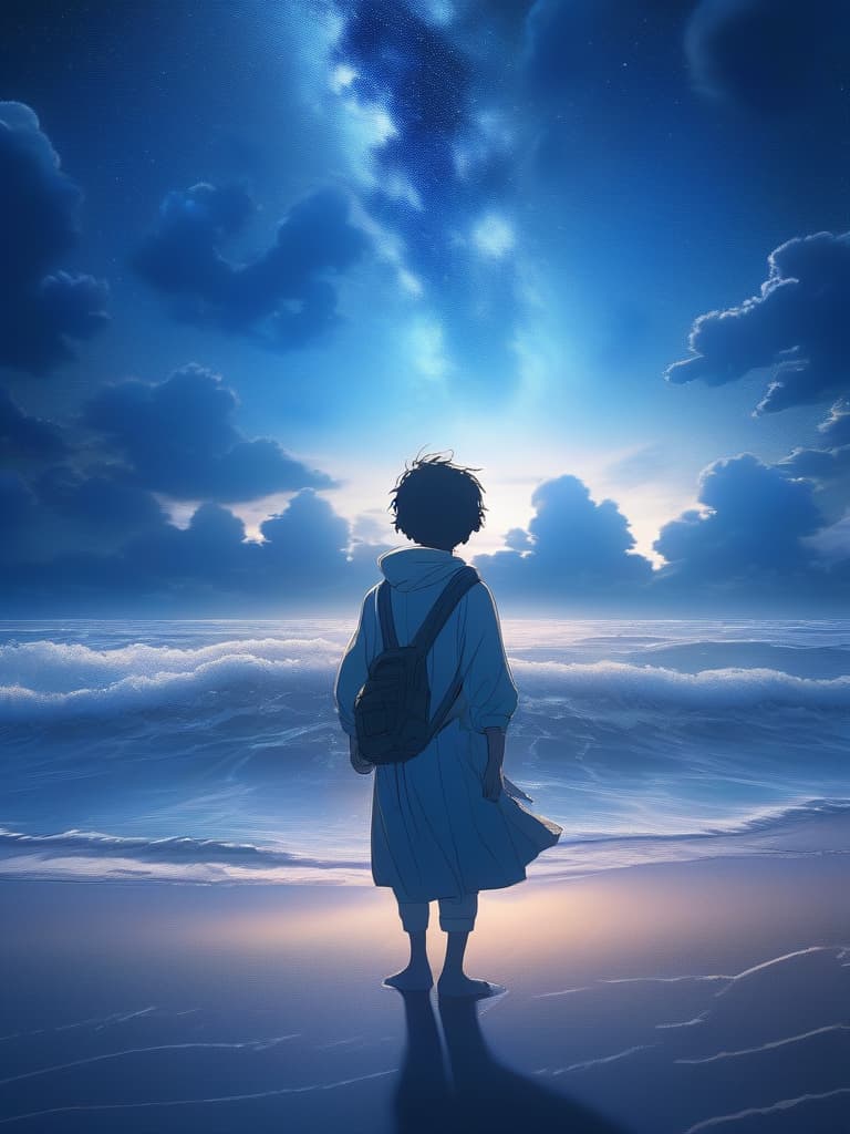  In the night sky, on the beach, a young man is looking up, looking up, the back, masterpiece, best quality,8k,ultra detailed,high resolution,an extremely delicate and beautiful,hyper detail