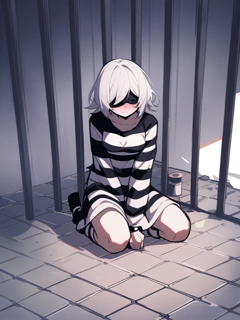  ((faint light)),(prison,prison cell,iron bars,madeon) BREAK solo,,kawaii,skinny,in cell,((prisoner,prison clothes,tone clothes)),large brests,huge ,hands behind back,siting in seiza,resistanced ancles at floor,ankle cuffs,hobble,nose blush,angry,[nervous sweating] blindfold BREAK ((absurdres,highres,superlative)),((texture)),((contrast)),(top quality,masterpiece:1.3),, masterpiece, best quality,8k,ultra detailed,high resolution,an extremely delicate and beautiful,hyper detail