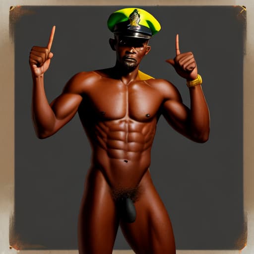  full head and body image of naked jamaican policeman pointing his erect penis forward