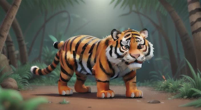  {Tiger walking nervously in the jungle., Tiger is big and fluffy with bright orange fur and black stripes. He has big, curious eyes.