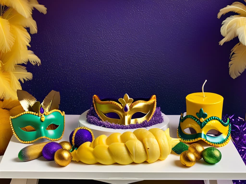  An ultradetailed 8k image of a lavish Mardi Gras dessert table, featuring a colorful array of iconic desserts such as King Cake, beignets, pralines, and bananas Foster. The table is elegantly decorated with Mardi Gras masks, beads, and feathers, all set against a sleek, modern backdrop to create a visually stunning and minimalistic composition that captures the essence of Mardi Gras festivities through the lens of delectable desserts. hyperrealistic, full body, detailed clothing, highly detailed, cinematic lighting, stunningly beautiful, intricate, sharp focus, f/1. 8, 85mm, (centered image composition), (professionally color graded), ((bright soft diffused light)), volumetric fog, trending on instagram, trending on tumblr, HDR 4K, 8K