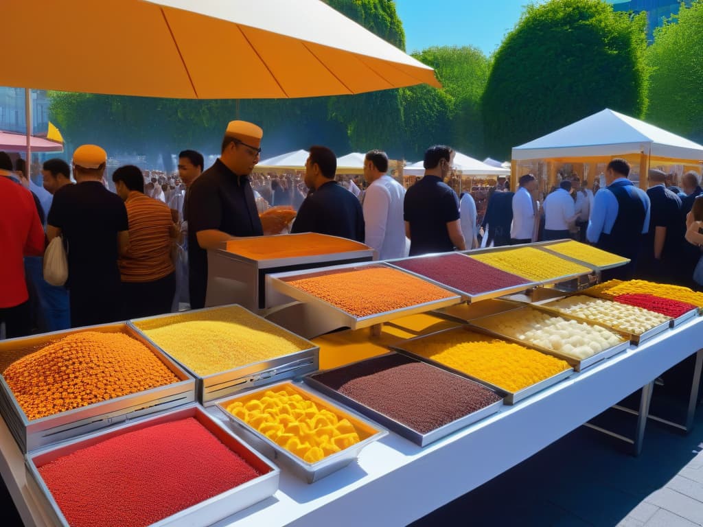  An ultradetailed image of a vibrant dessert stall at a contemporary festival, featuring an array of traditional sweets beautifully displayed in modern, sleek containers. The desserts are colorful and intricately designed, with a mix of textures and shapes that highlight the fusion of traditional flavors with a contemporary twist. The stall is surrounded by a diverse crowd of festivalgoers, each engaged in conversation and laughter, adding to the lively and bustling atmosphere of the event. The image captures the essence of innovation and tradition coming together in a visually striking and minimalist composition. hyperrealistic, full body, detailed clothing, highly detailed, cinematic lighting, stunningly beautiful, intricate, sharp focus, f/1. 8, 85mm, (centered image composition), (professionally color graded), ((bright soft diffused light)), volumetric fog, trending on instagram, trending on tumblr, HDR 4K, 8K