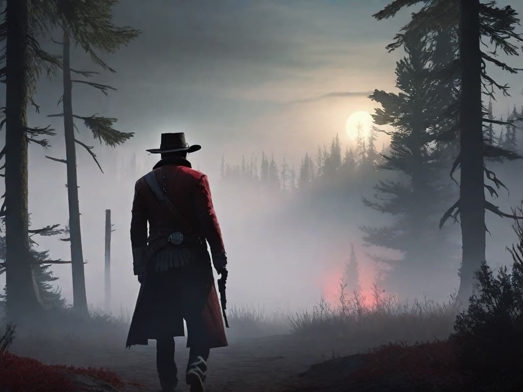  A shadowy figure stands in the foggy wilderness, an eerie glow around it. Its tattered clothes and gaunt face suggest a zombie-like creature from Red Dead Redemption 2, while a broken game disc lies at its feet, symbolizing the dispelling of myths around the game's 'undead' secrets.digital art, ilustration hyperrealistic, full body, detailed clothing, highly detailed, cinematic lighting, stunningly beautiful, intricate, sharp focus, f/1. 8, 85mm, (centered image composition), (professionally color graded), ((bright soft diffused light)), volumetric fog, trending on instagram, trending on tumblr, HDR 4K, 8K