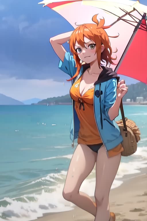  Nami from one piece tweaking in the rain on a beach, full body