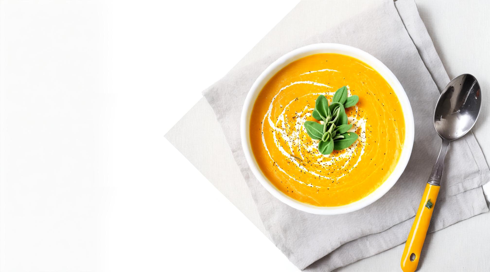  Pumpkin soup with crème fraîche and sage