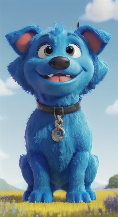  {A happy, big blue dog wagging its tail in a colorful meadow, The big blue dog is large with sky blue fur, big round eyes, a black nose, and floppy ears.