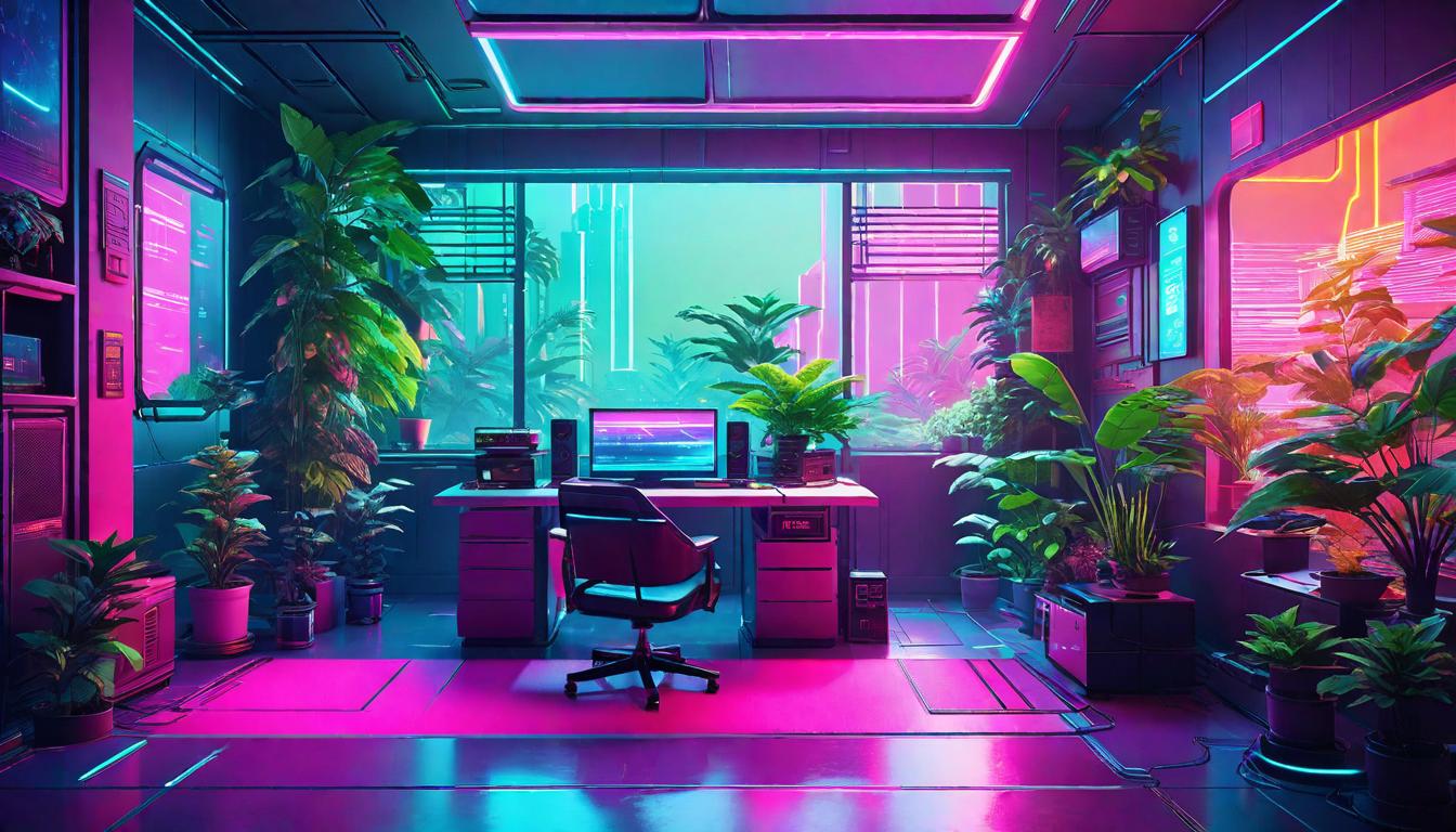  vaporwave,cyberpunk game style A minimalist room with soft lighting and green plants, embodying a calming environment to retreat, simple, peacefuleon, dystopian, futuristic, digital, vibrant, detailed, high contrast, reminiscent of cyberpunk genre video games,retro aesthetic, cyberpunk, vibrant, neon colors, vintage 80s and 90s style, highly detailed