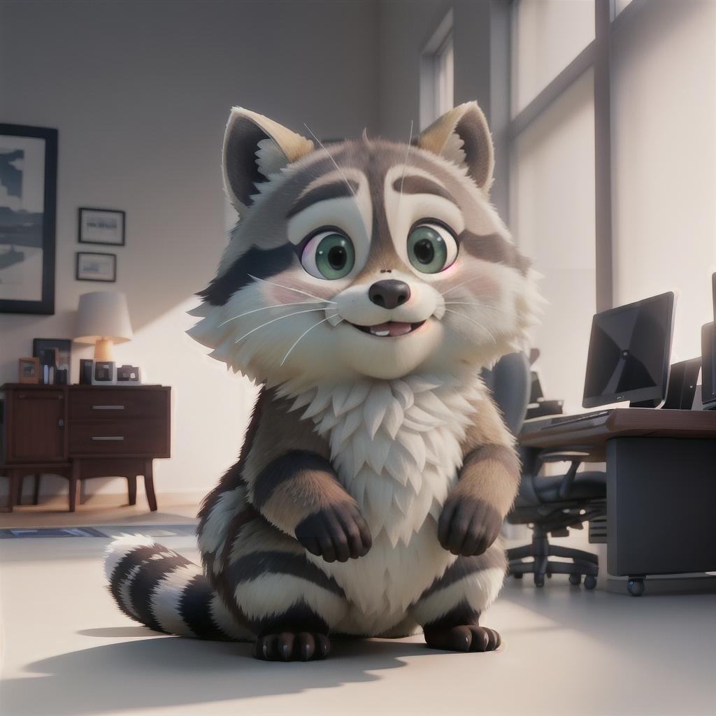  raccoon sitting in gaming chair front a computer on desktop, ((semi anthropomorphic)),(full body), tail, belly, sitting, fat, (chubby), (((white background))), solo, desktop, gaming chair, side view,  [[[clothes]]] hyperrealistic, full body, detailed clothing, highly detailed, cinematic lighting, stunningly beautiful, intricate, sharp focus, f/1. 8, 85mm, (centered image composition), (professionally color graded), ((bright soft diffused light)), volumetric fog, trending on instagram, trending on tumblr, HDR 4K, 8K