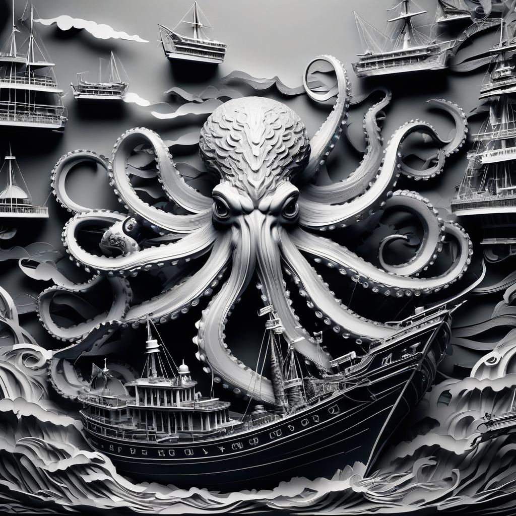  stacked papercut art of A large and fearsome octopus attacking a ship on the high seas. . 3D, layered, dimensional, depth, precision cut, stacked layers, papercut, high contrast hyperrealistic, full body, detailed clothing, highly detailed, cinematic lighting, stunningly beautiful, intricate, sharp focus, f/1. 8, 85mm, (centered image composition), (professionally color graded), ((bright soft diffused light)), volumetric fog, trending on instagram, trending on tumblr, HDR 4K, 8K