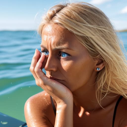  tanned blonde woman's face looking out from the water. she's panic