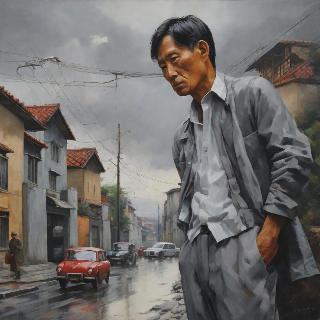  masterpiece, best quality, grey sky, corner of the city, a street, an agent who thought he was selling houses, asian faces