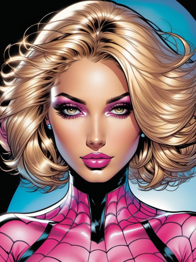 comic Masterpiece, ((spiderverse comic panel)), ultra detailed, beautiful image with a ((blonde wavy )) bob, almond brown eyes, with detailed body, ((black-pink Spider-Man costume)), ((art by Mark Bagley)), delicate facial features, perfect face, back to the viewer, looking back, dramatic, gorgeous, good anatomy, good proportions, hero pose . graphic illustration, comic art, graphic novel art, vibrant, highly detailed
