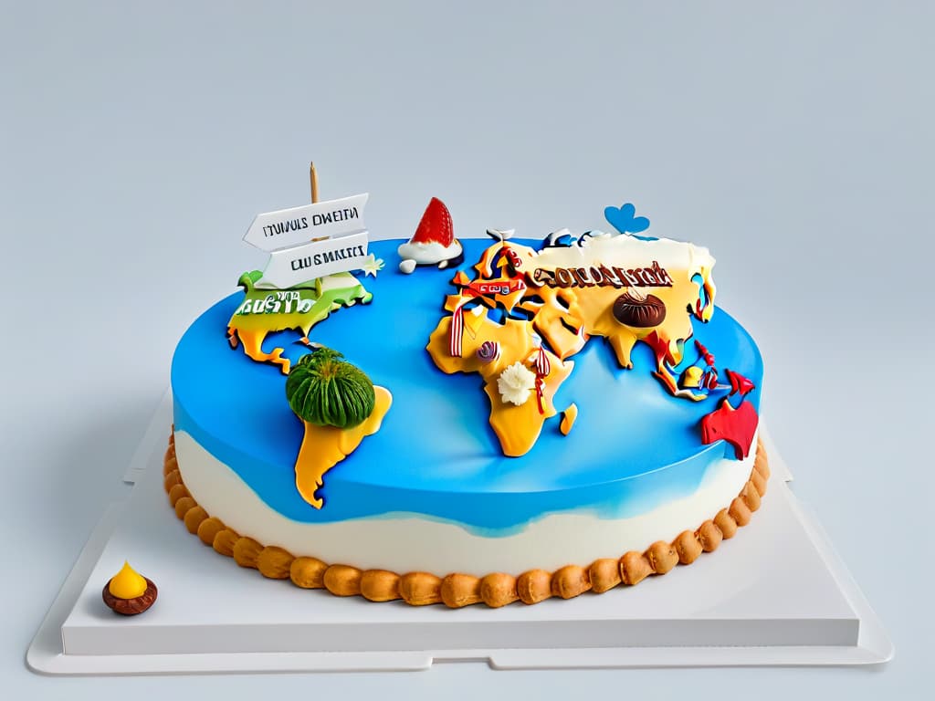  An intricately designed and visually captivating minimalist illustration showcasing a global map with various iconic dessert symbols placed at different locations around the world. Each symbol represents a renowned dessert from that specific region, such as a croissant for Paris, a churro for Spain, a macaron for France, a baklava for Turkey, and a cheesecake for New York. The map is adorned with elegant typography labeling each dessert and its corresponding country, all against a clean, white background to emphasize the simplicity and sophistication of the design. hyperrealistic, full body, detailed clothing, highly detailed, cinematic lighting, stunningly beautiful, intricate, sharp focus, f/1. 8, 85mm, (centered image composition), (professionally color graded), ((bright soft diffused light)), volumetric fog, trending on instagram, trending on tumblr, HDR 4K, 8K