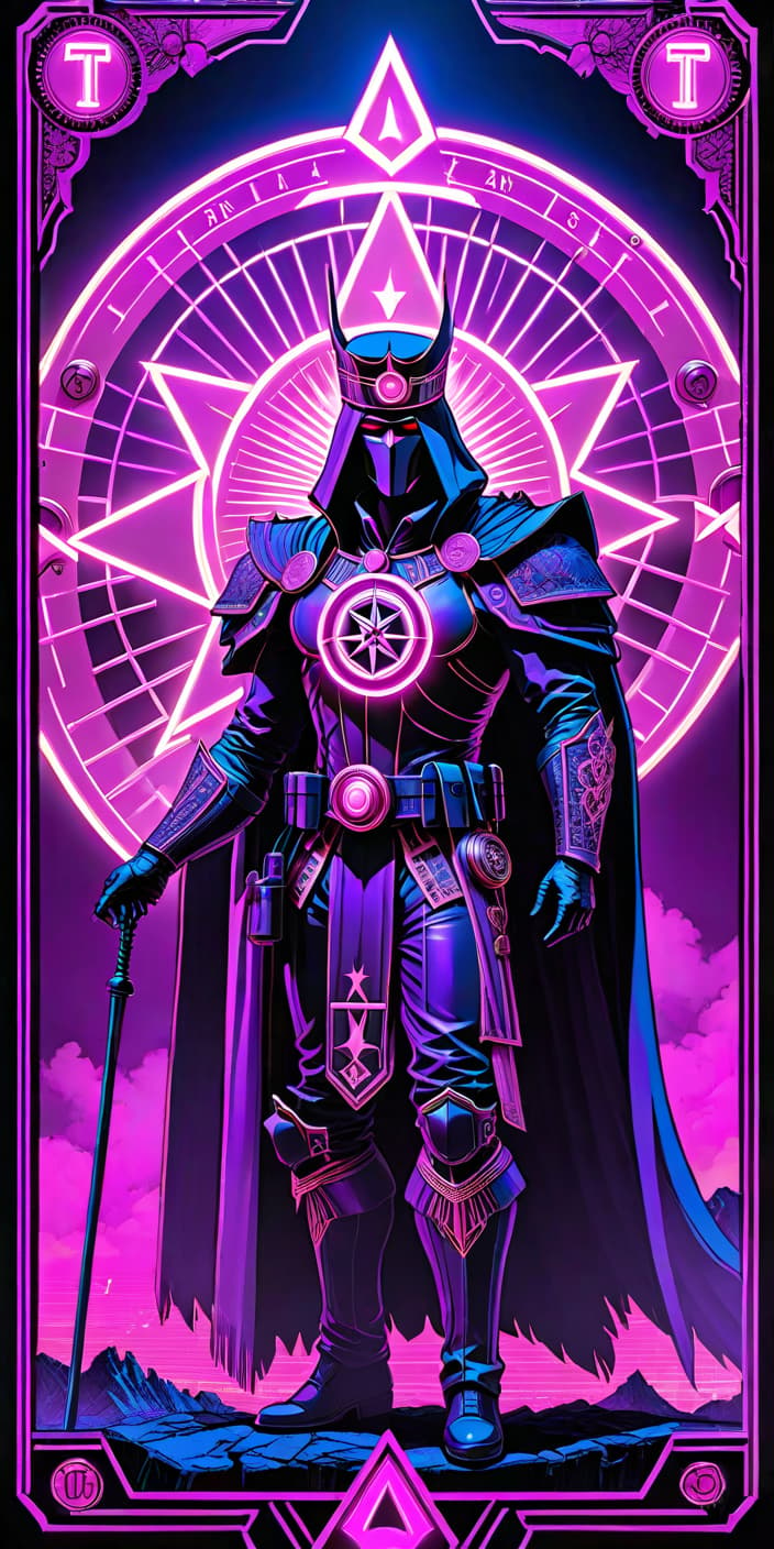  neonpunk style King of Pentacles in Tarot Card . cyberpunk, vaporwave, neon, vibes, vibrant, stunningly beautiful, crisp, detailed, sleek, ultramodern, magenta highlights, dark purple shadows, high contrast, cinematic, ultra detailed, intricate, professional hyperrealistic, full body, detailed clothing, highly detailed, cinematic lighting, stunningly beautiful, intricate, sharp focus, f/1. 8, 85mm, (centered image composition), (professionally color graded), ((bright soft diffused light)), volumetric fog, trending on instagram, trending on tumblr, HDR 4K, 8K