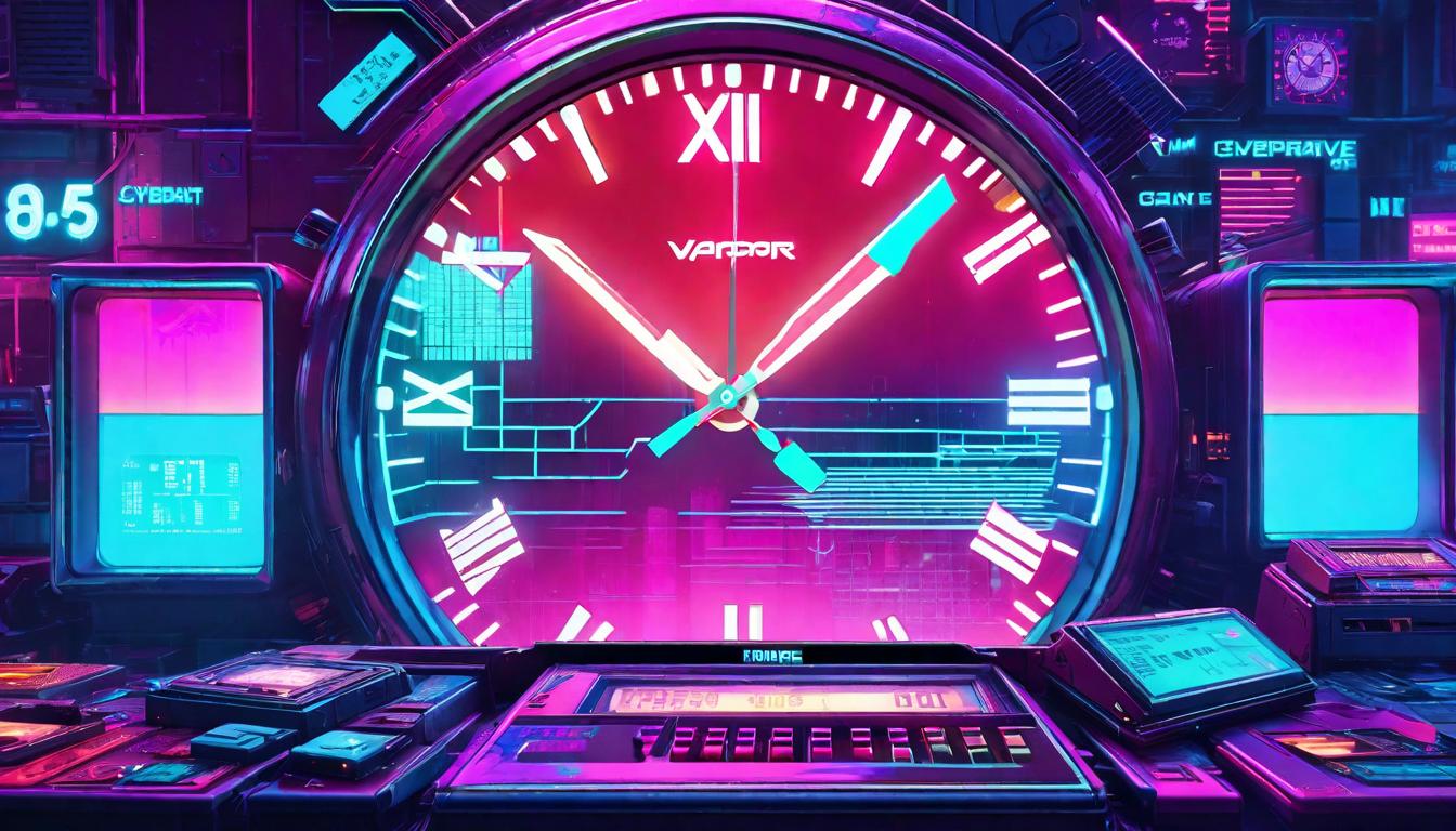  vaporwave,cyberpunk game style A broken clock, its hands stuck at midnight, amidst the remains of other timepieces. Stagnation, the illusion of urgency, broken cycles.eon, dystopian, futuristic, digital, vibrant, detailed, high contrast, reminiscent of cyberpunk genre video games,retro aesthetic, cyberpunk, vibrant, neon colors, vintage 80s and 90s style, highly detailed