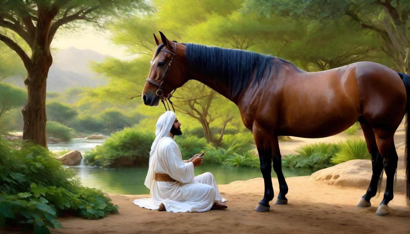  digital painting of The Prophet (male), seen in a peaceful moment, tenderly engaging with a horse by a tranquil oasis, mutual comfort and understanding palpable, oasis lush and serene, delicate interaction, shared moment of serenity, insightful compassion, tranquility amidst journey looking at viewer, dynamic pose, (intricate details, masterpiece, best quality)