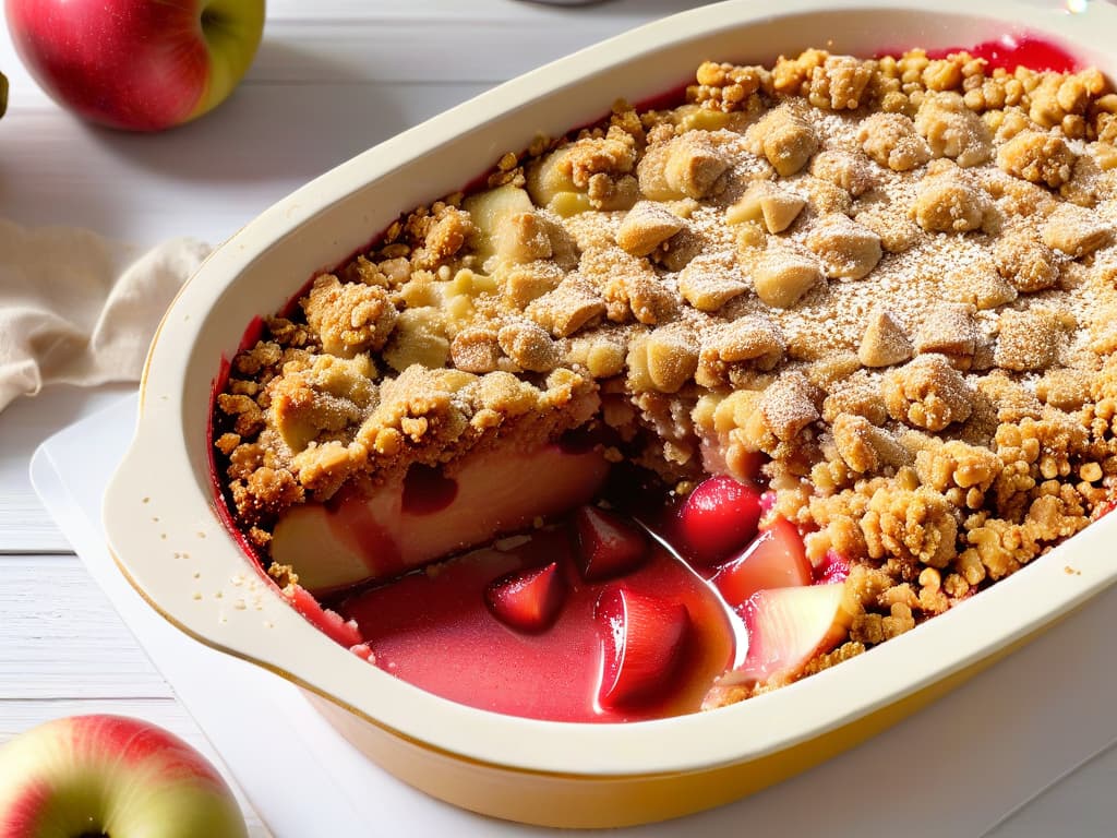  A closeup, photorealistic image of a goldenbrown crumble topping on a freshly baked apple and rhubarb crumble. The crumble is sprinkled with oats and cinnamon, with small droplets of syrup glistening in the light. The fruit filling underneath is bubbling slightly, showcasing chunks of soft, cooked apple and tart rhubarb, all encased in a buttery, crumbly crust. The dish sits on a rustic wooden table, with a scoop of vanilla ice cream melting slightly next to it, emitting a tantalizing aroma. hyperrealistic, full body, detailed clothing, highly detailed, cinematic lighting, stunningly beautiful, intricate, sharp focus, f/1. 8, 85mm, (centered image composition), (professionally color graded), ((bright soft diffused light)), volumetric fog, trending on instagram, trending on tumblr, HDR 4K, 8K