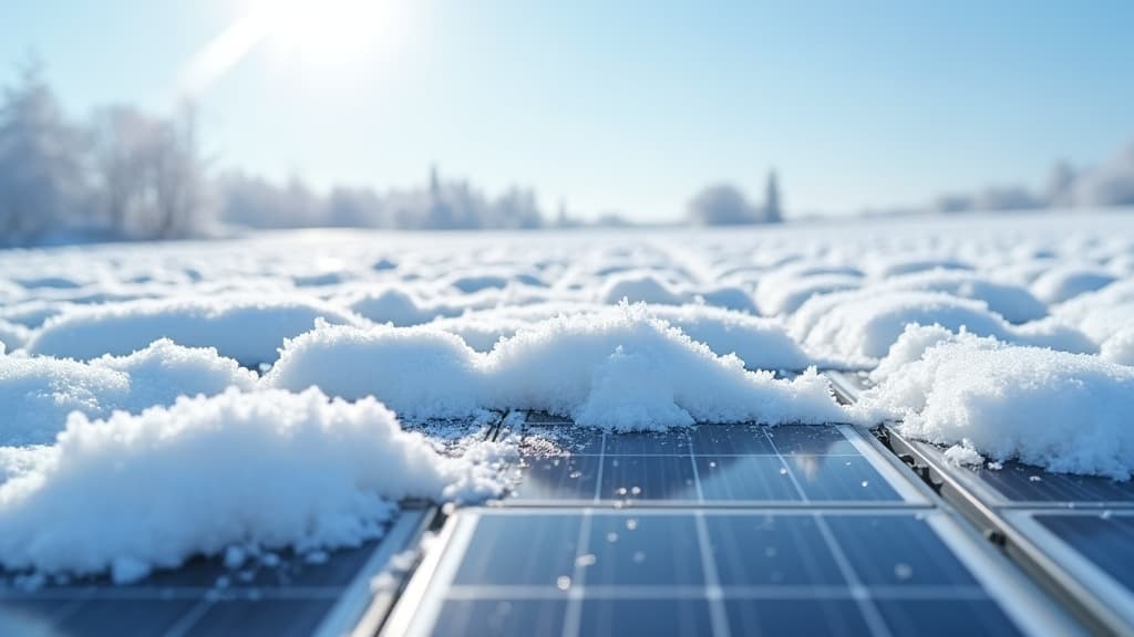  good quality, high quality, a close up of snow covered solar panels, highlighting their efficiency in winter.