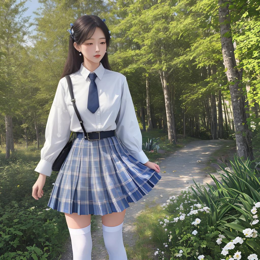  masterpiece, best quality, (fidelity:1.4), best quality, masterpiece, super high resolution, poster, realistic, very detailed face, 8k resolution, a woman, head up, left hand covering eyes, right hand vertical, white plaid shirt, dark blue pleated skirt, white knee socks, black buckle shoes, short ear hair, pearl hairpin, backpack, tall trees, soft light background