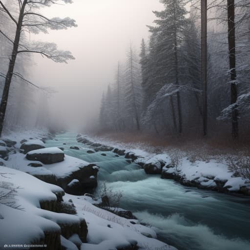  a  highly detailed river rushing through a snowy ravine, winter trees, falling snow Albert Einstein hyperrealistic, full body, detailed clothing, highly detailed, cinematic lighting, stunningly beautiful, intricate, sharp focus, f/1. 8, 85mm, (centered image composition), (professionally color graded), ((bright soft diffused light)), volumetric fog, trending on instagram, trending on tumblr, HDR 4K, 8K