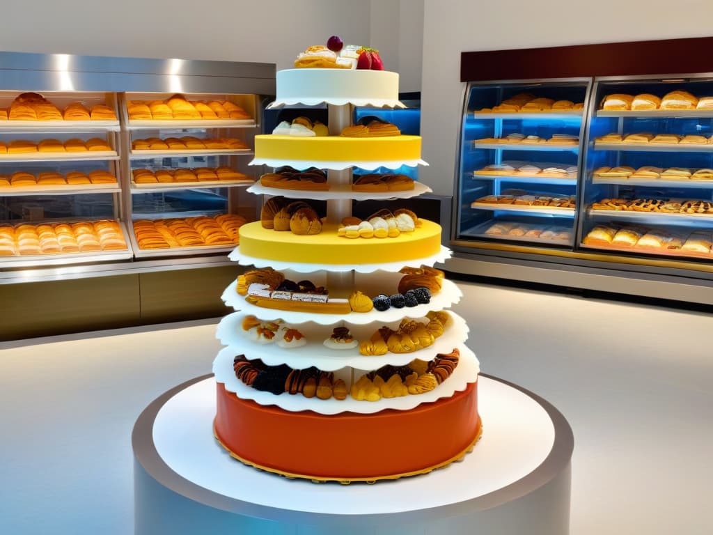  An 8k ultradetailed image of a sleek, modern bakery display featuring an array of meticulously crafted themed pastries. Each pastry is uniquely designed to represent a different theme, from elegant wedding cakes to whimsical cartoon characters, all displayed on clean, white marble countertops under soft, ambient lighting that highlights every intricate detail of the delicious creations. The pastries are arranged in an artful and inviting manner, showcasing the skill and creativity that goes into crafting themed products for a successful bakery merchandising strategy. hyperrealistic, full body, detailed clothing, highly detailed, cinematic lighting, stunningly beautiful, intricate, sharp focus, f/1. 8, 85mm, (centered image composition), (professionally color graded), ((bright soft diffused light)), volumetric fog, trending on instagram, trending on tumblr, HDR 4K, 8K