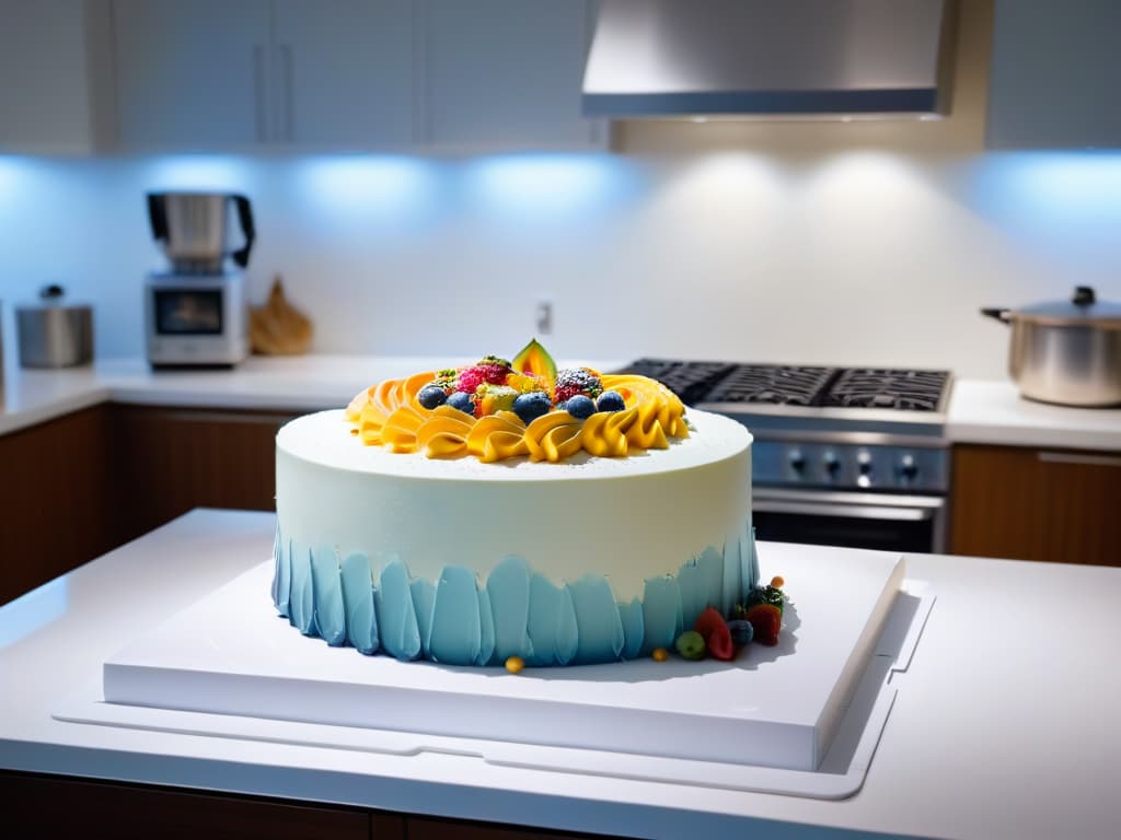  An ultradetailed 8k image of a sleek, modern kitchen with a holographic display showcasing intricate virtual cake designs floating above a pristine marble countertop. The virtual reality headset is placed elegantly on a polished surface next to a stack of hightech baking equipment, creating an atmosphere of innovation and creativity for aspiring pastry chefs. hyperrealistic, full body, detailed clothing, highly detailed, cinematic lighting, stunningly beautiful, intricate, sharp focus, f/1. 8, 85mm, (centered image composition), (professionally color graded), ((bright soft diffused light)), volumetric fog, trending on instagram, trending on tumblr, HDR 4K, 8K