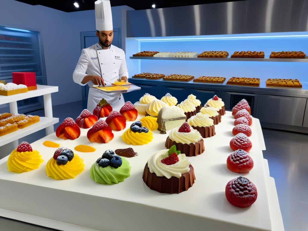  A highresolution photorealistic image showcasing a futuristic dessert kitchen equipped with stateoftheart 3D printers producing intricate and elegant desserts. The scene features a master pastry chef overseeing the process, surrounded by a variety of colorful and visually stunning 3D printed desserts displayed on sleek, modern serving platters. The lighting is soft and sophisticated, highlighting the intricate details and vibrant colors of the desserts, creating a captivating and inspirational visual for the readers. hyperrealistic, full body, detailed clothing, highly detailed, cinematic lighting, stunningly beautiful, intricate, sharp focus, f/1. 8, 85mm, (centered image composition), (professionally color graded), ((bright soft diffused light)), volumetric fog, trending on instagram, trending on tumblr, HDR 4K, 8K